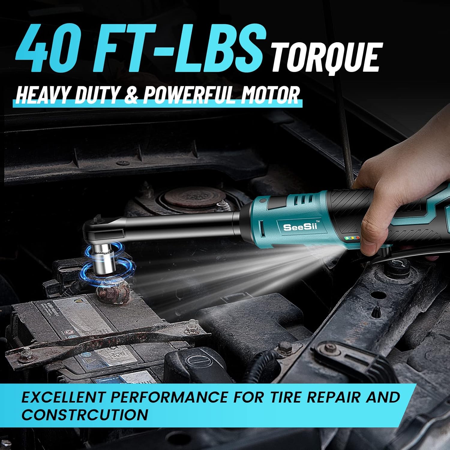 SEESII 3/8" Extended Cordless Ratchet Wrench – 40 Ft-lbs Torque, 6" Long Neck, 220RPM | 2x 2.0Ah Batteries + Fast Charger, 7 Sockets | Ideal for Car Repairs, DIY & Mechanics, Black Friday Deals