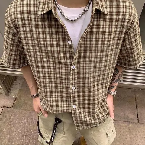 Men's Vintage Plaid Blouse, Loose-Fit Short Sleeve Top, Street Style, All Seasons, Casual Wear, Versatile Outerwear,Men's Special Occasion Clothing,Hot Accessory，ropa de mujer,boyfriend gifts, ropa caballero hombre