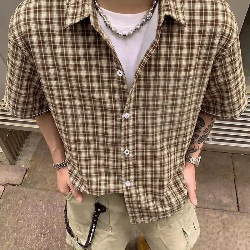 Men's Vintage Plaid Blouse, Loose-Fit Short Sleeve Top, Street Style, All Seasons, Casual Wear, Versatile Outerwear,Men's Special Occasion Clothing,Hot Accessory，ropa de mujer,boyfriend gifts, ropa caballero hombre
