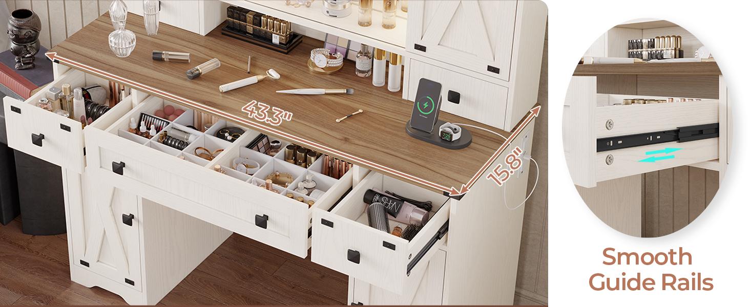 Sikaic Farmhouse Makeup Desk with Power Strips, Vanity Table with Sliding Barn Door and 5 Drawers, Dressing Table, White Furniture Organize Storage Bedroom