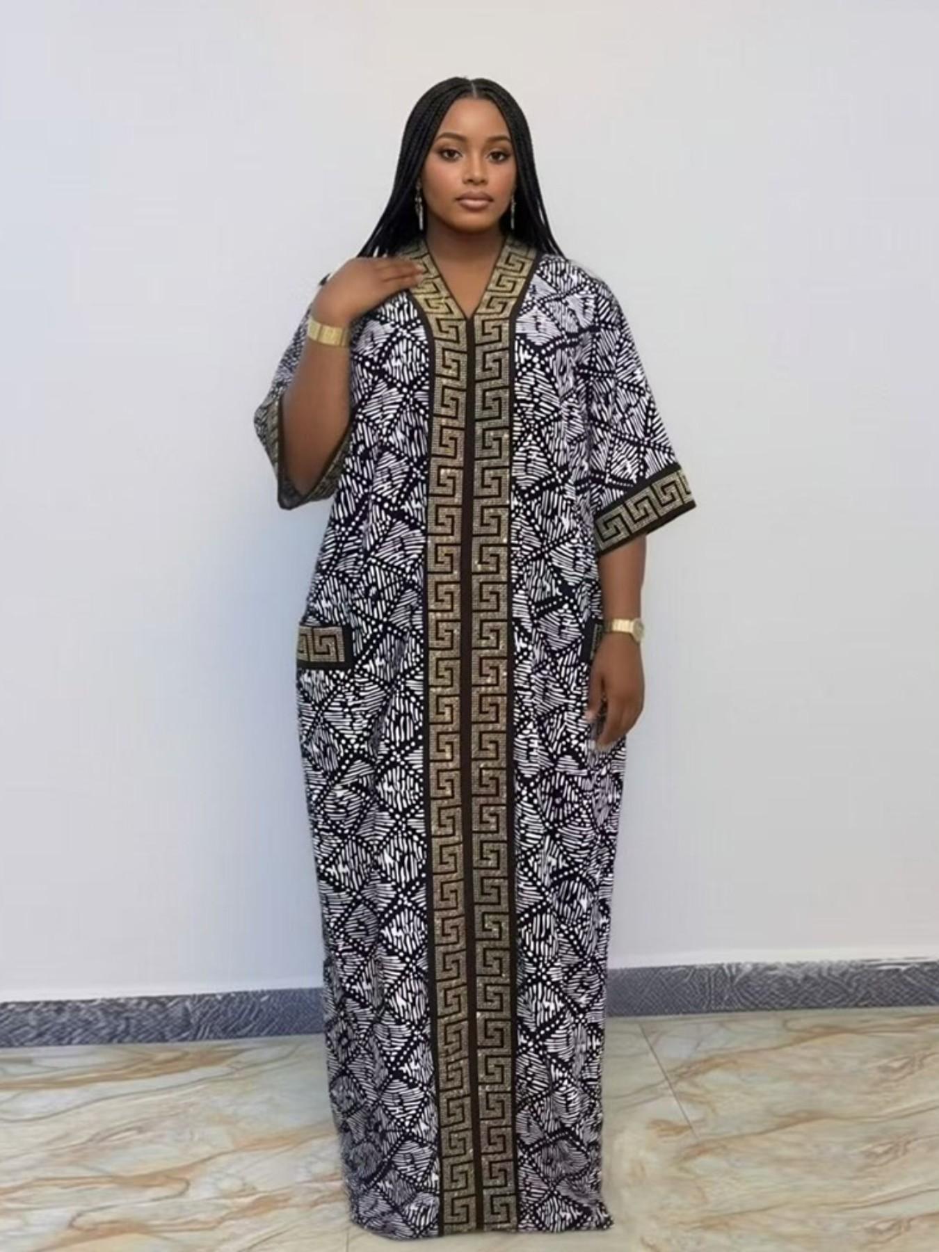 Plus Size African-Style Kaftan Dress for Women, Geometric Print Ethnic Loose V-Neck Boubou with Pockets for Casual Boho Chic Party Wear, Comfortable and Stylish