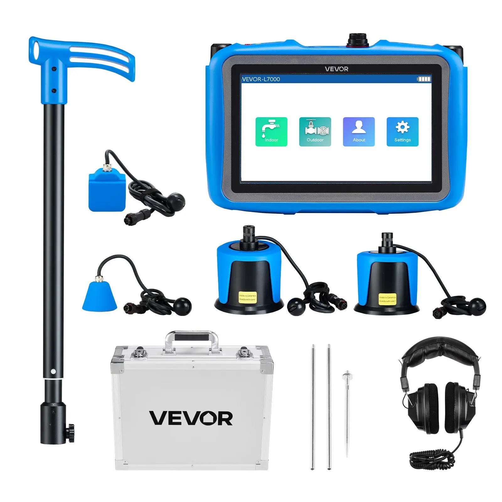 VEVOR Pipe Water Leak Detector with 4 Sensors, 1Hz-10000Hz, 7" Touchscreen Underground Plumbing Leakage Detection Locator with 3 Listening Rods, Headphones, 8GB Card Carry Case for Indoors Outdoors