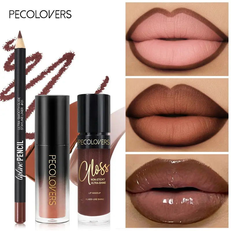 3pcs/Set Velvet Texture Lip Makeup Set Nude Lip Liner, Lip Gloss & Lip Oil Set, Waterproof & Matte Finish, 3-in-1 Long-Lasting Nude Lip Makeup Kit for Women