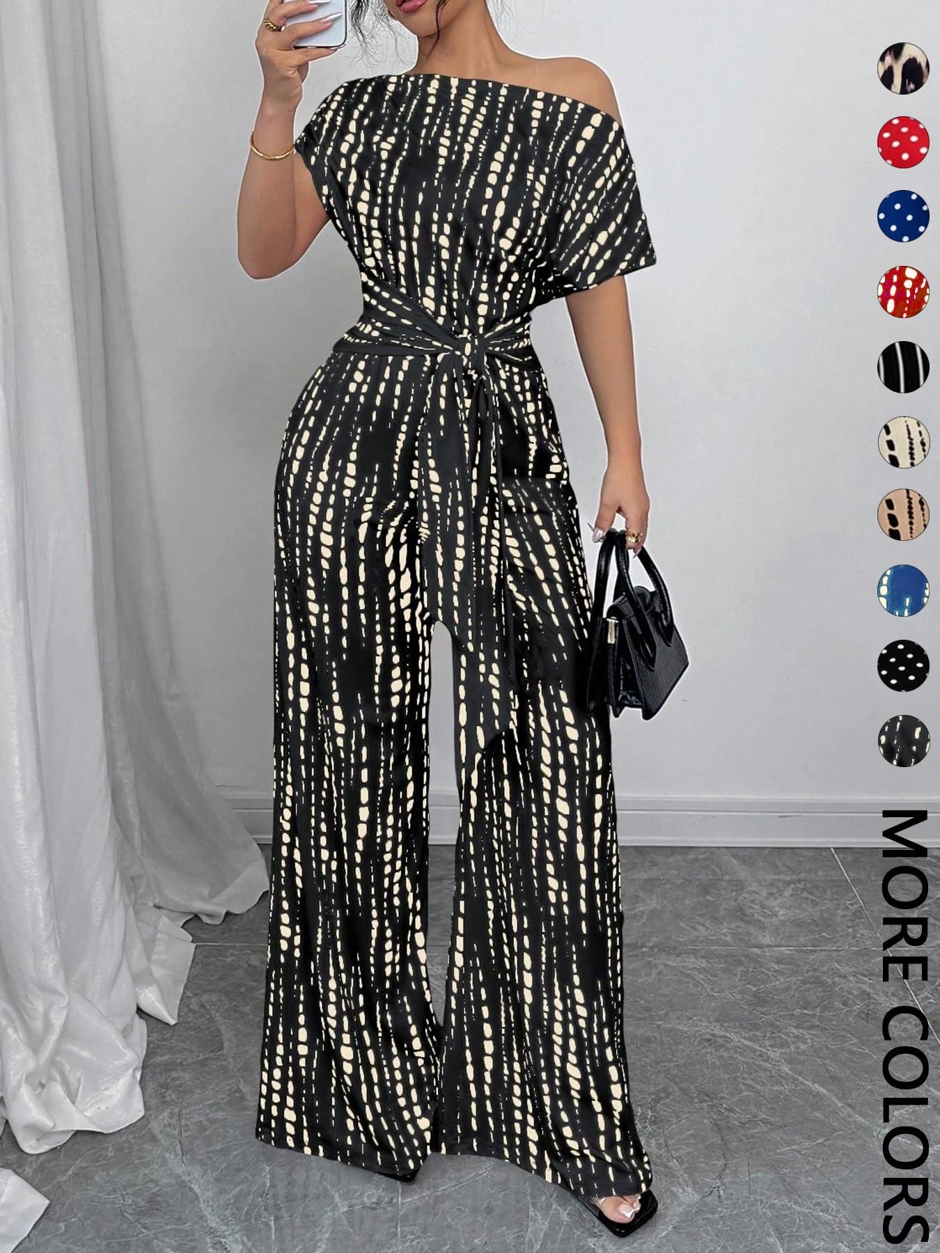 Women's All Over Print Tie Front Jumpsuit, Casual Asymmetrical Neck Jumpsuit for Spring & Fall, Women's Clothes for Daily Wear