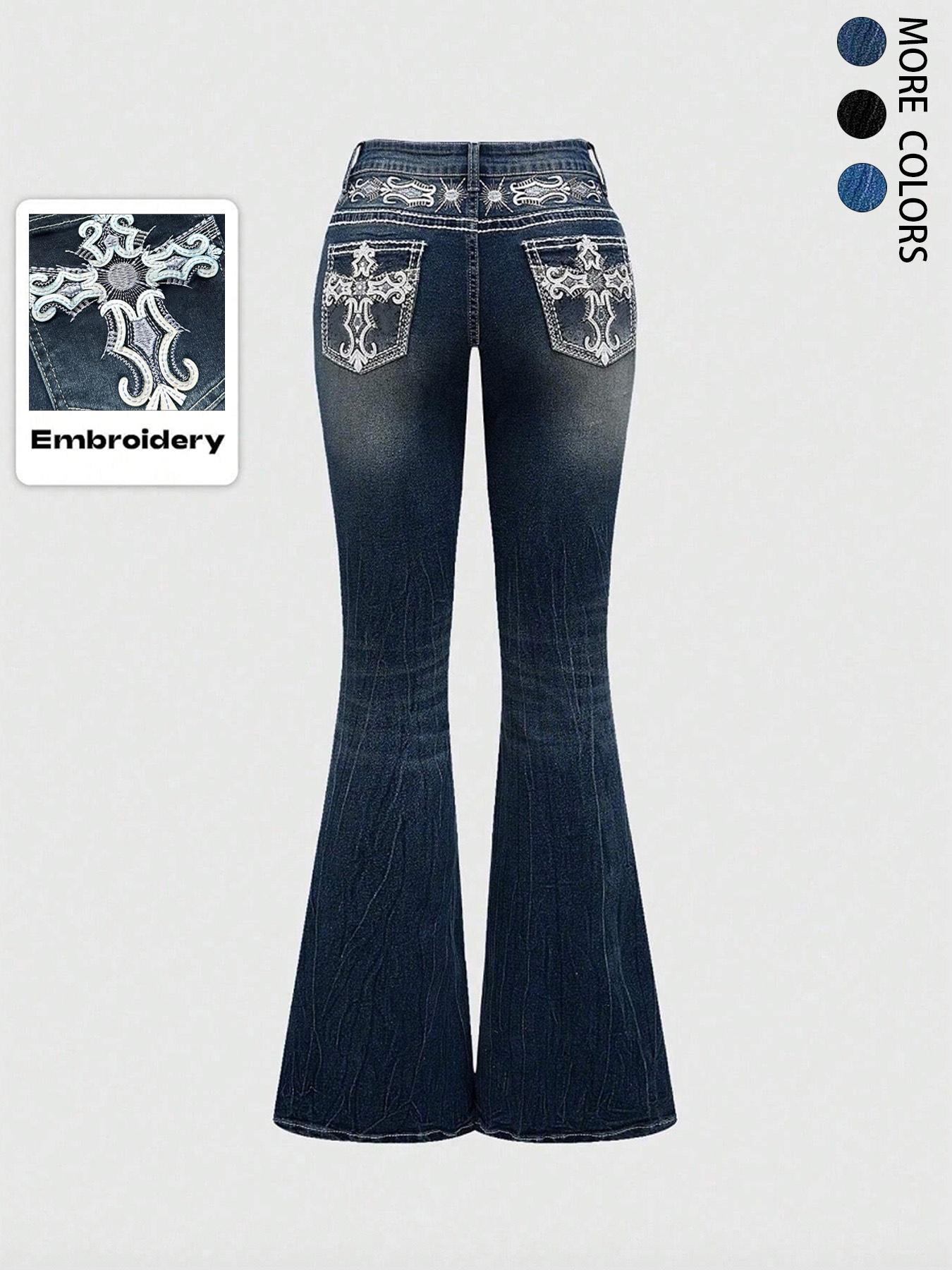 パンツ grunge cross design flare denim y2k Grunge Punk Y2K Retro Poket Cross Wings Embroidered Flare Leg