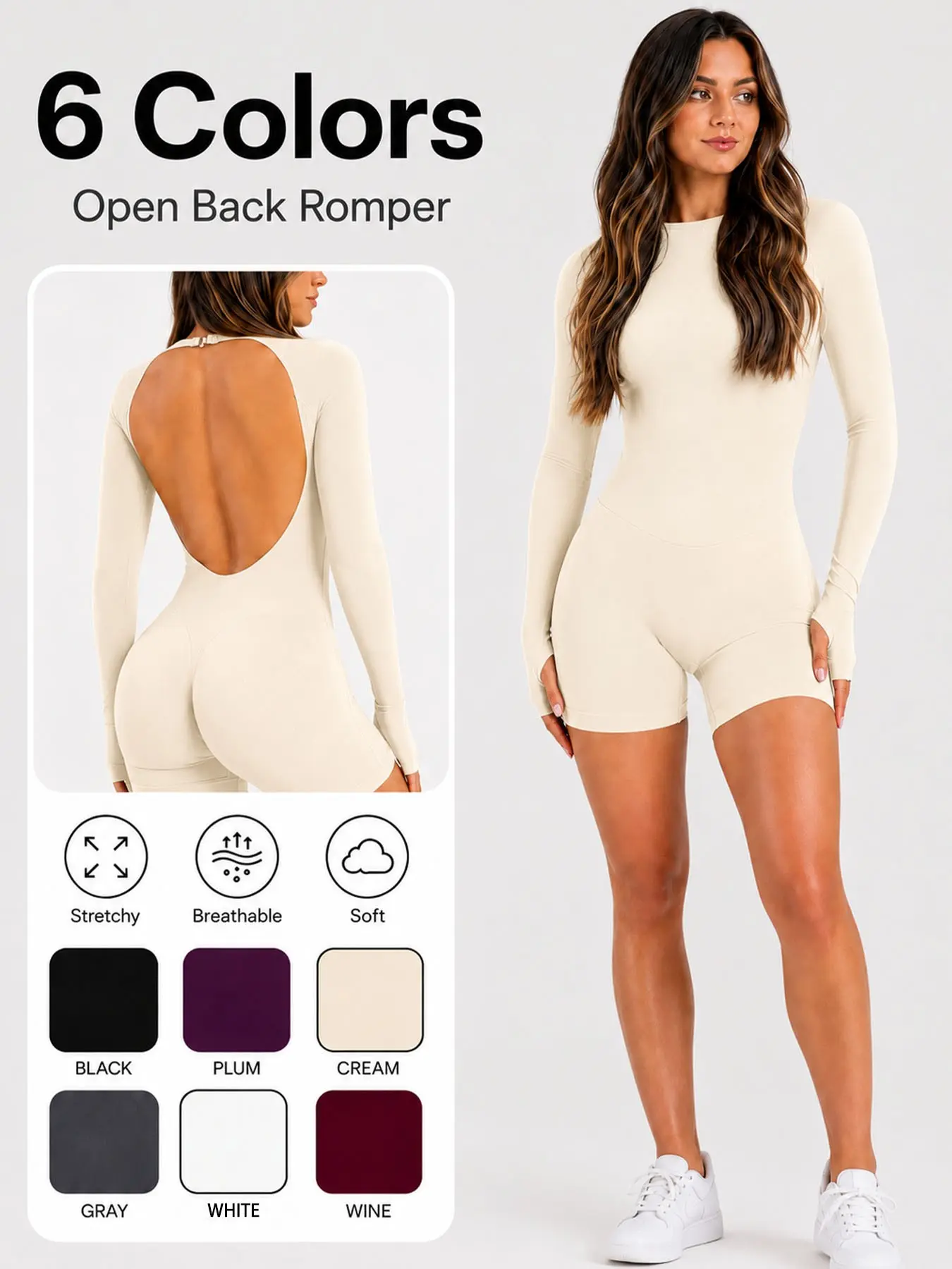 Women's Long Sleeve Backless Romper, Shaping One-Piece Sports, Yoga Fitness Short Romper, Comfortable and Stylish Activewear