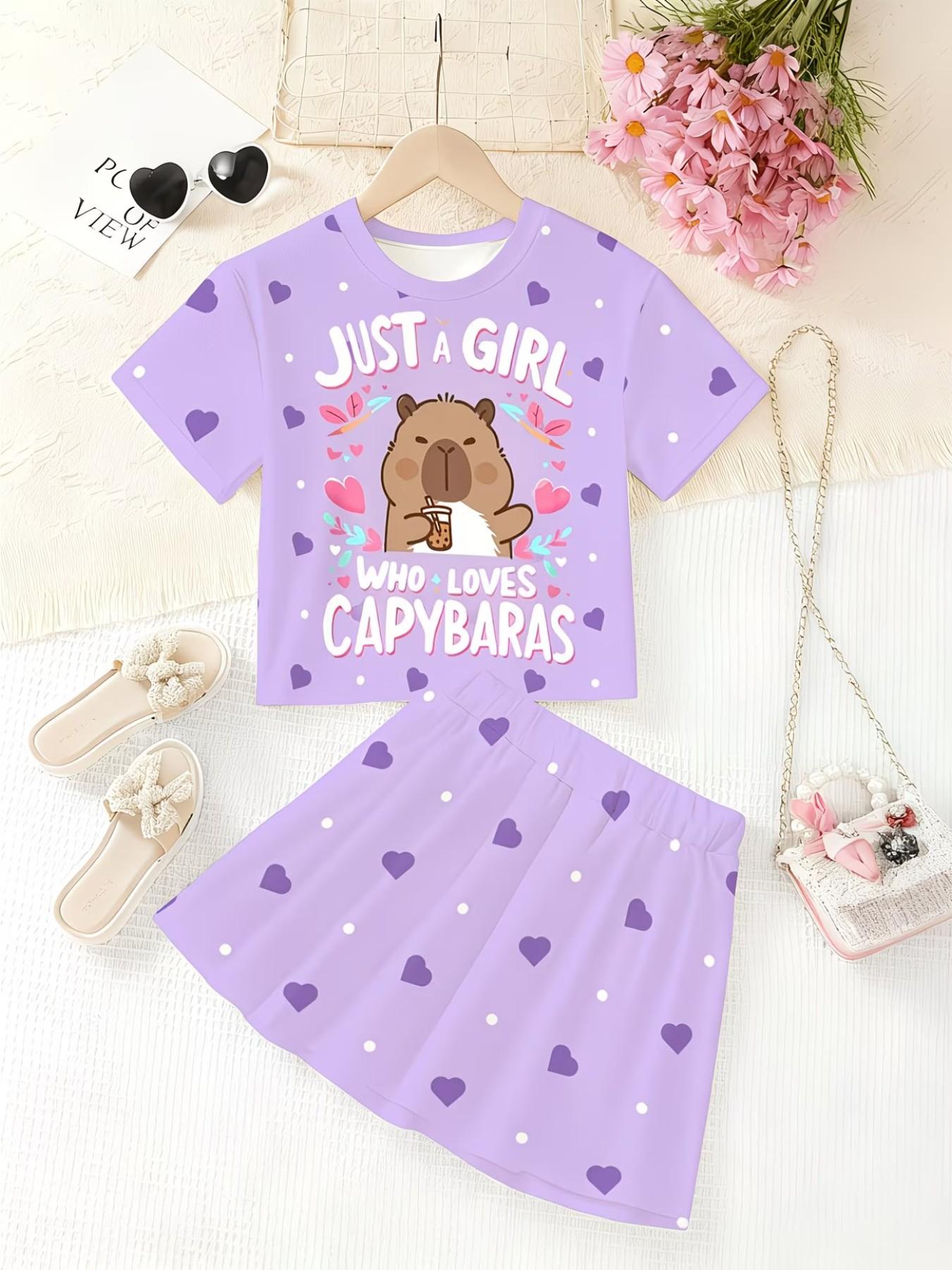 Girls' 3D Heart Print Capybara Pattern Set, Casual Slim-Fit T-Shirt and Skirt, Summer Daily Wear, Round Neck Short Sleeve