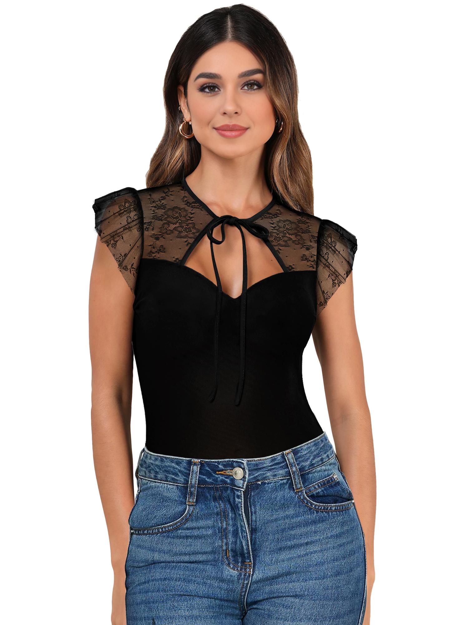Women's Lace Crochet Bodysuit Sheer Mesh Splicing Vintage Going Out Top The Ultimate Winter Layering Piece