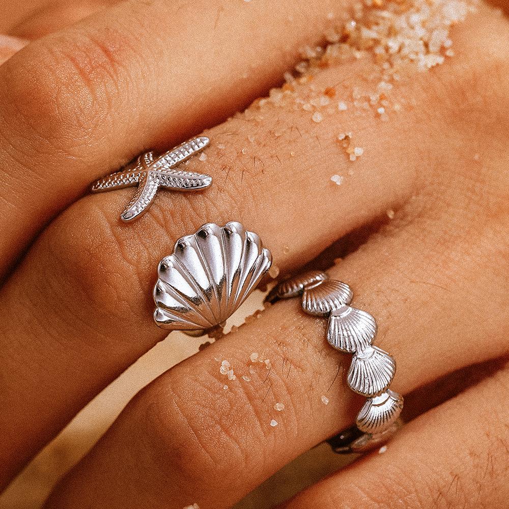 Ocean Element Stainless Steel Jewelry - Fresh Beach Style Shell Sea Star Open Adjustable Ring for Women