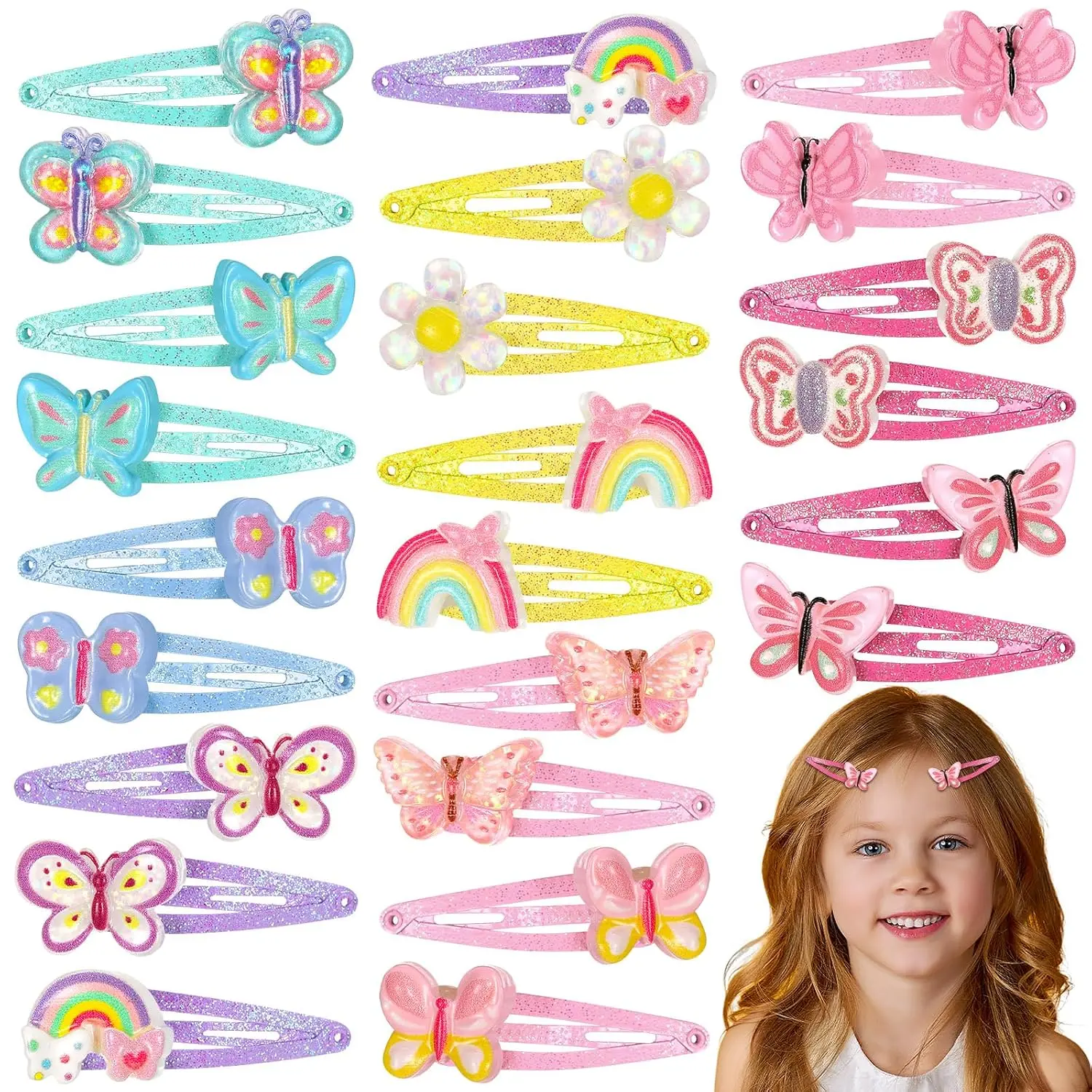 24 count Rainbow Unicorn Clips Metal Clips Butterfly Snap Barrettes Cute  Hair Pins Sparkly  Hair Accessories for  Little Girls Birthday Party Gifts(Butterfly )