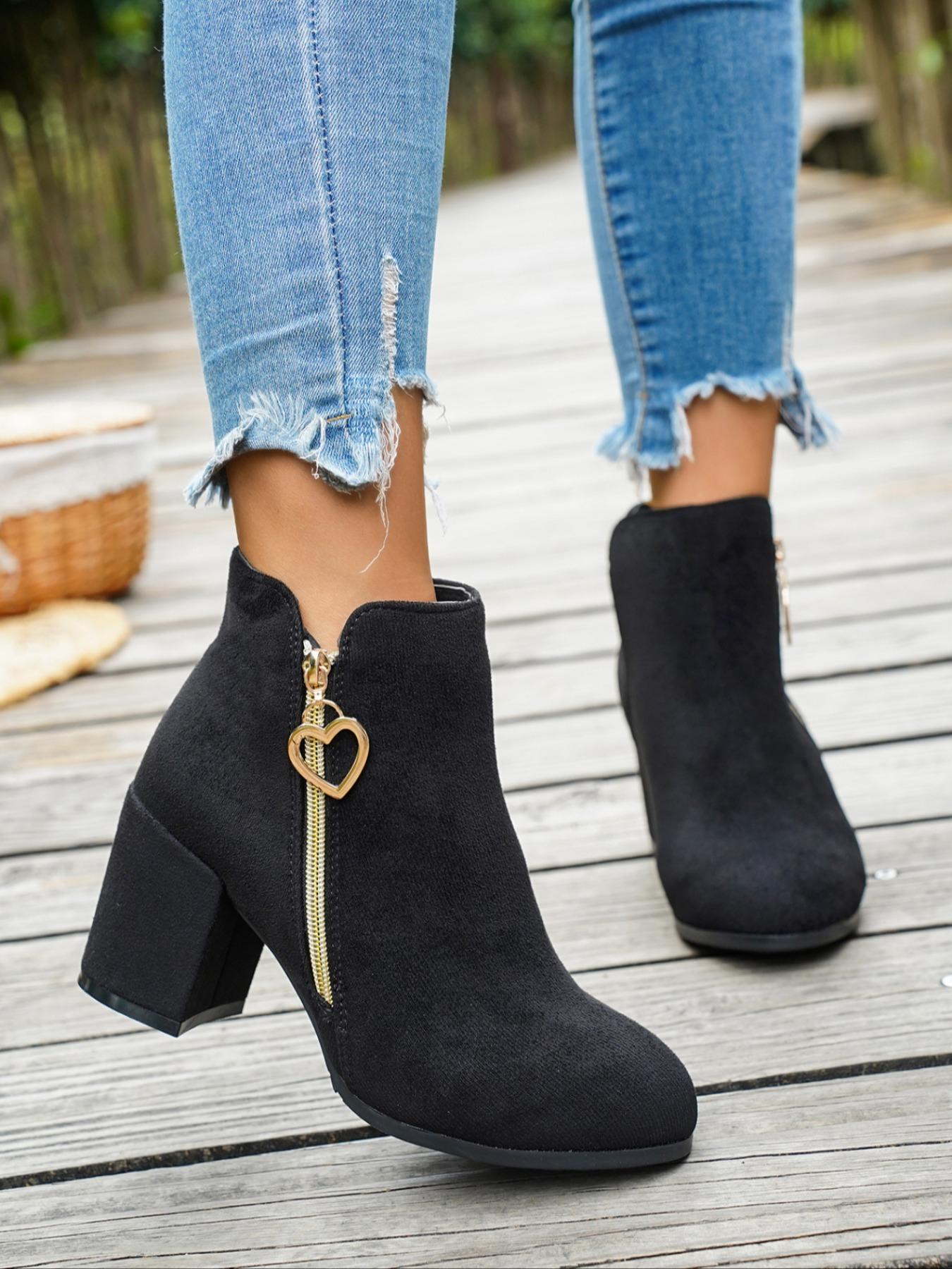 Women's Velvet Heart Zipper Chunky Heel Short Boots, Metal Heart Zipper, Faux Leather, Square Heel, Perfect for Sweet Office Style, Spring Fall