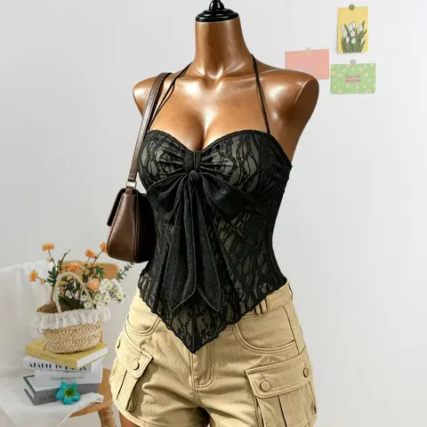 Women's Feminine Sexy Lace Halter Top with Bow Front, Halter Neckline, Fitted Summer Short Vest, Sleeveless, Plain Color, Moderate Fabric Thickness, Perfect for Casual Wear