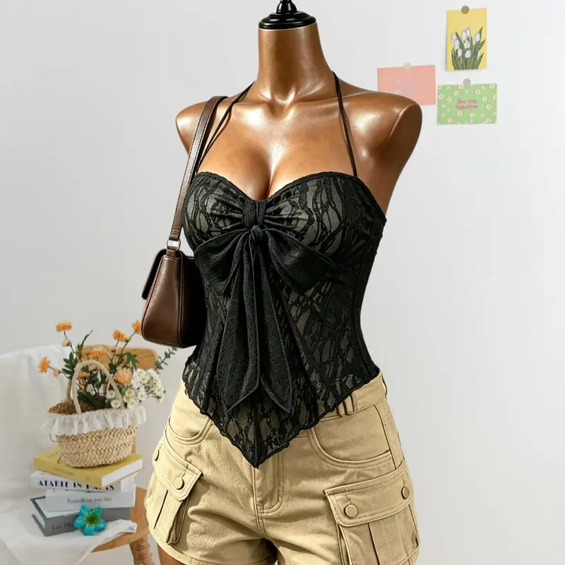 Women's Feminine Sexy Lace Halter Top with Bow Front, Halter Neckline, Fitted Summer Short Vest, Sleeveless, Plain Color, Moderate Fabric Thickness, Perfect for Casual Wear