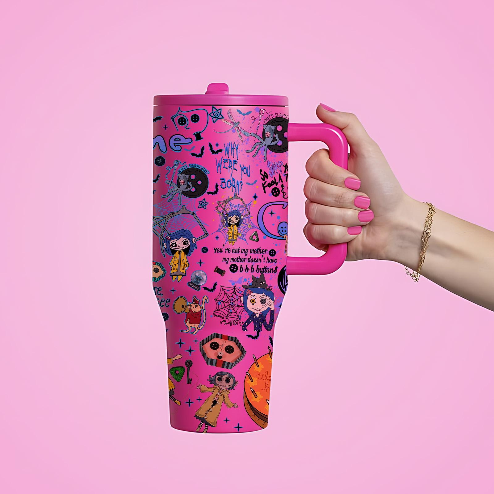 1pc 40oz Stainless Steel Tumbler with Lid & Straw, Coraline Dark Fantasy Style, Vacuum Insulated Thermal Cup, Keep Hot 12H / Cold 24H, Travel Mug, Insulated Water Bottle, Gift for Horror Aesthetic & Animation Enthusiasts