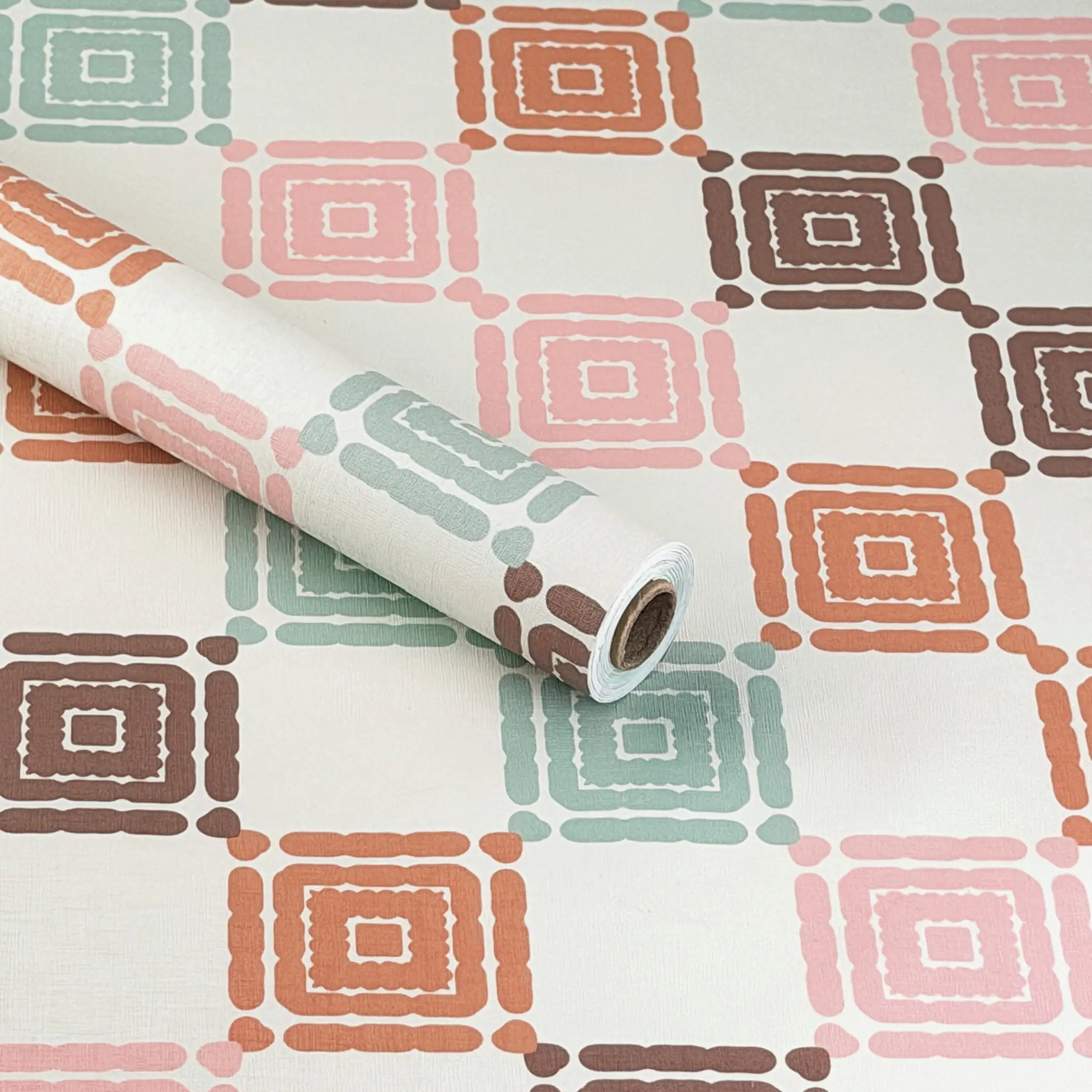 44.5cm/17.5in Wide Retro Geometric Square Peel and Stick Wallpaper, Boho Linen Texture Seamless Splicing Waterproof Glue-Free Wall Sticker for Bedroom, Living Room, Laundry Room, Entryway & Furniture Makeover, Removable Waterproof Wallpaper