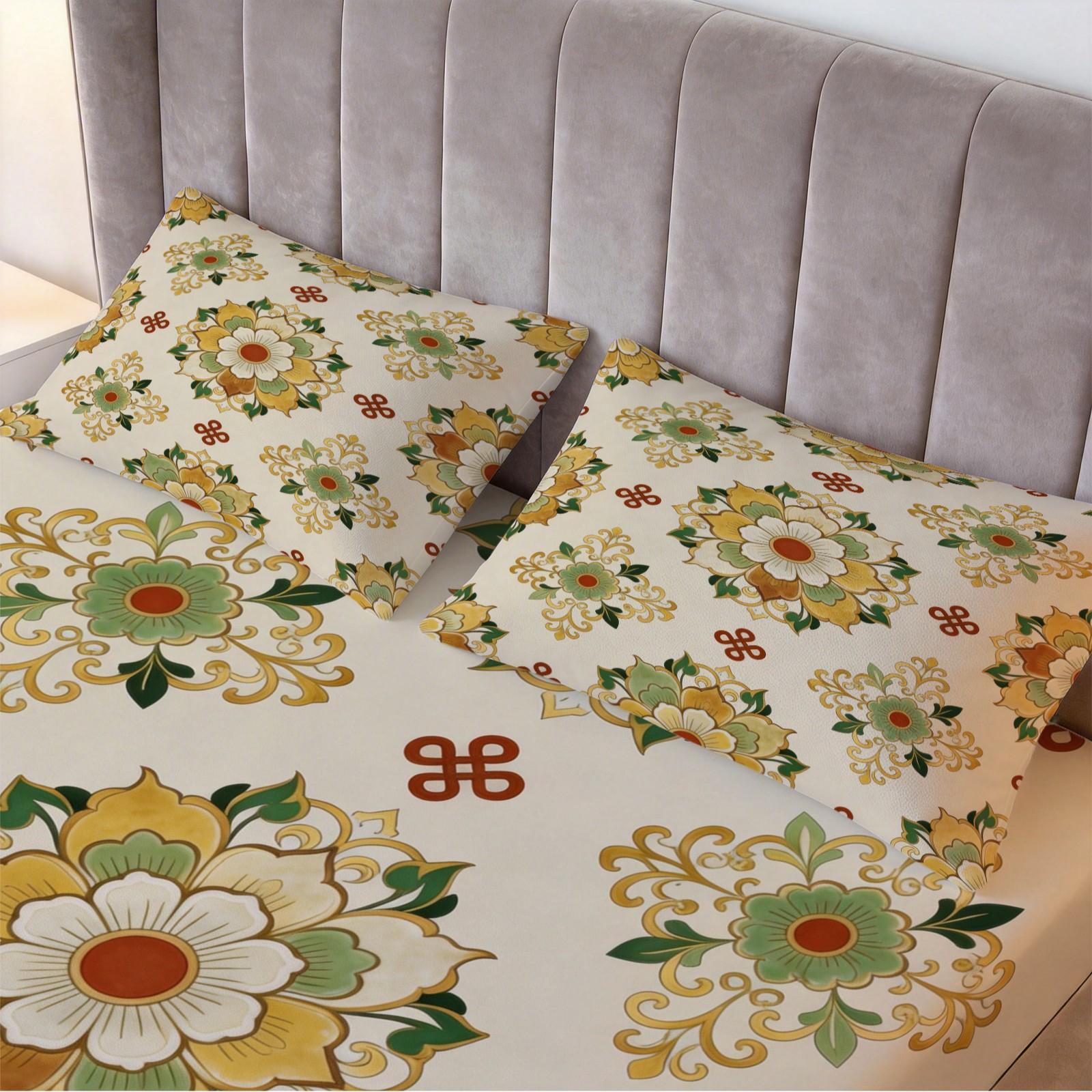 3 Piece Vintage Floral Mandala Fitted Sheet Set, HD Digital Printed Bed Sheet Set, Deep Pocket Soft Bedding Set (Pillowcases No Inserts) for Bedroom Decor