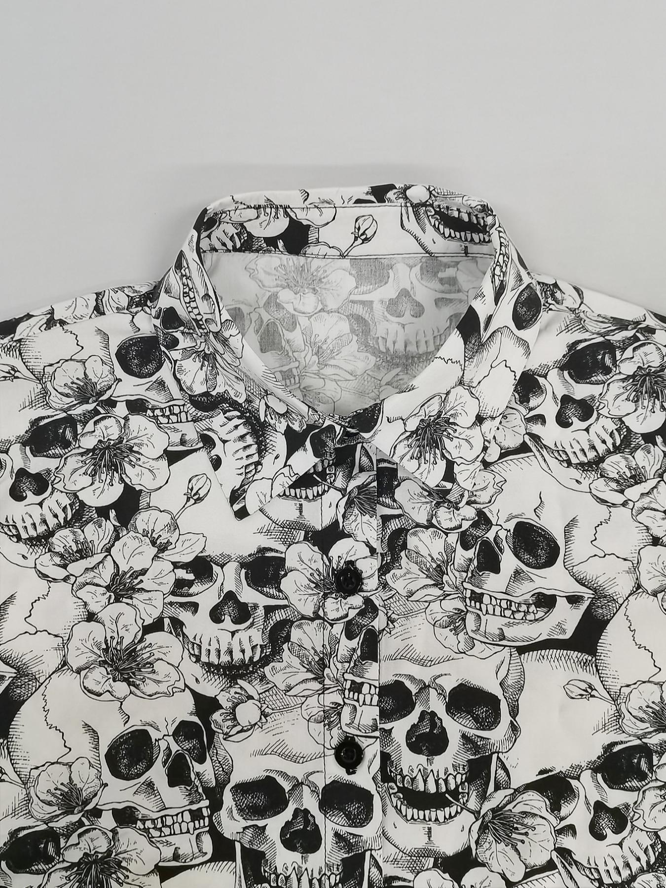 Women's All Over Skull Print Button Front Shirt, Casual Long Sleeve Collared Top for Daily Wear, Ladies Clothes for All Seasons