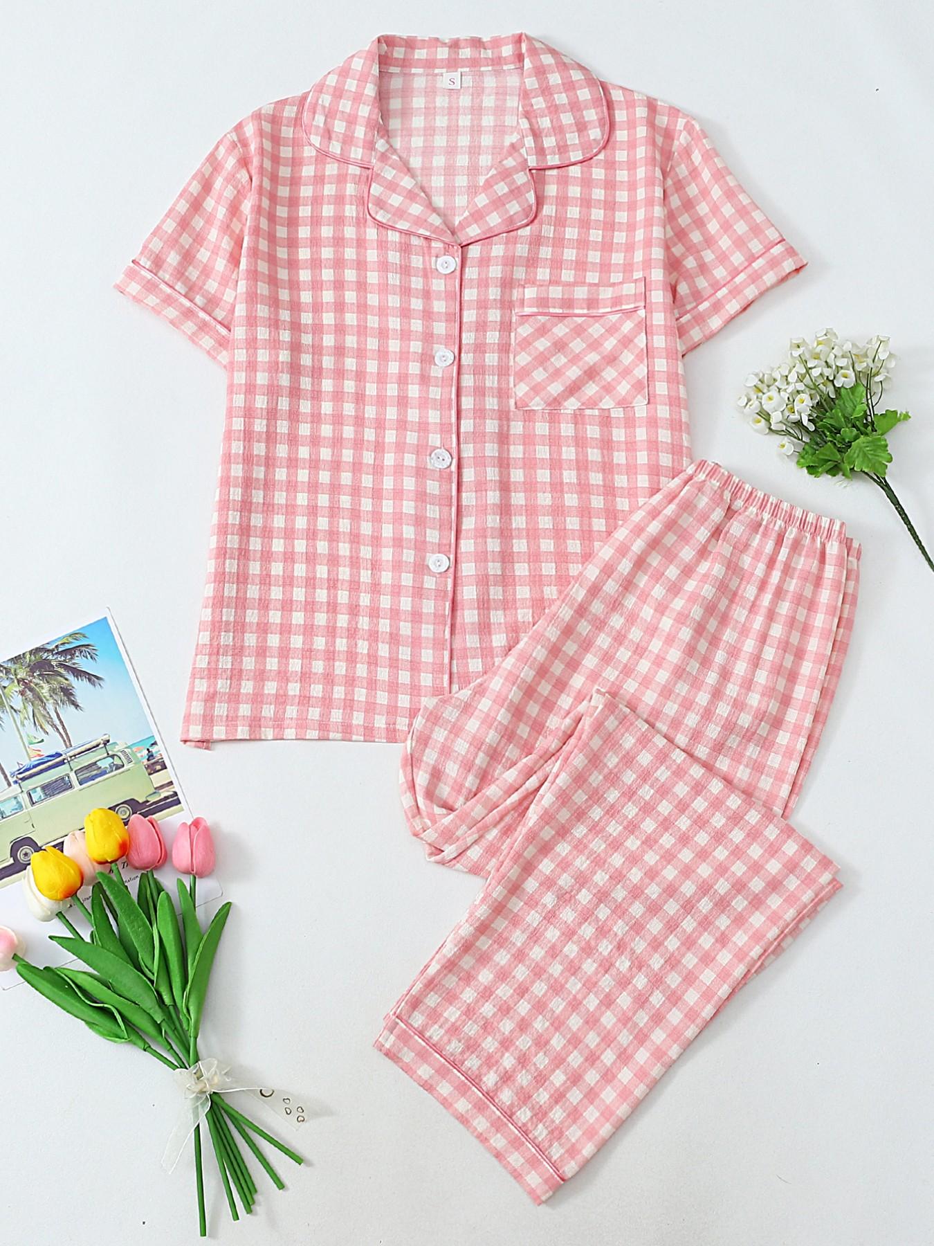 Women's Heart Print Short Sleeve Pajama, Casual Comfy Heart Print and Striped Lapel Neck Pocket Shirt & Pants PJ Set, Ladies Sleepwear for All Seasons, Loungewear, Pyjamas, Womenswear