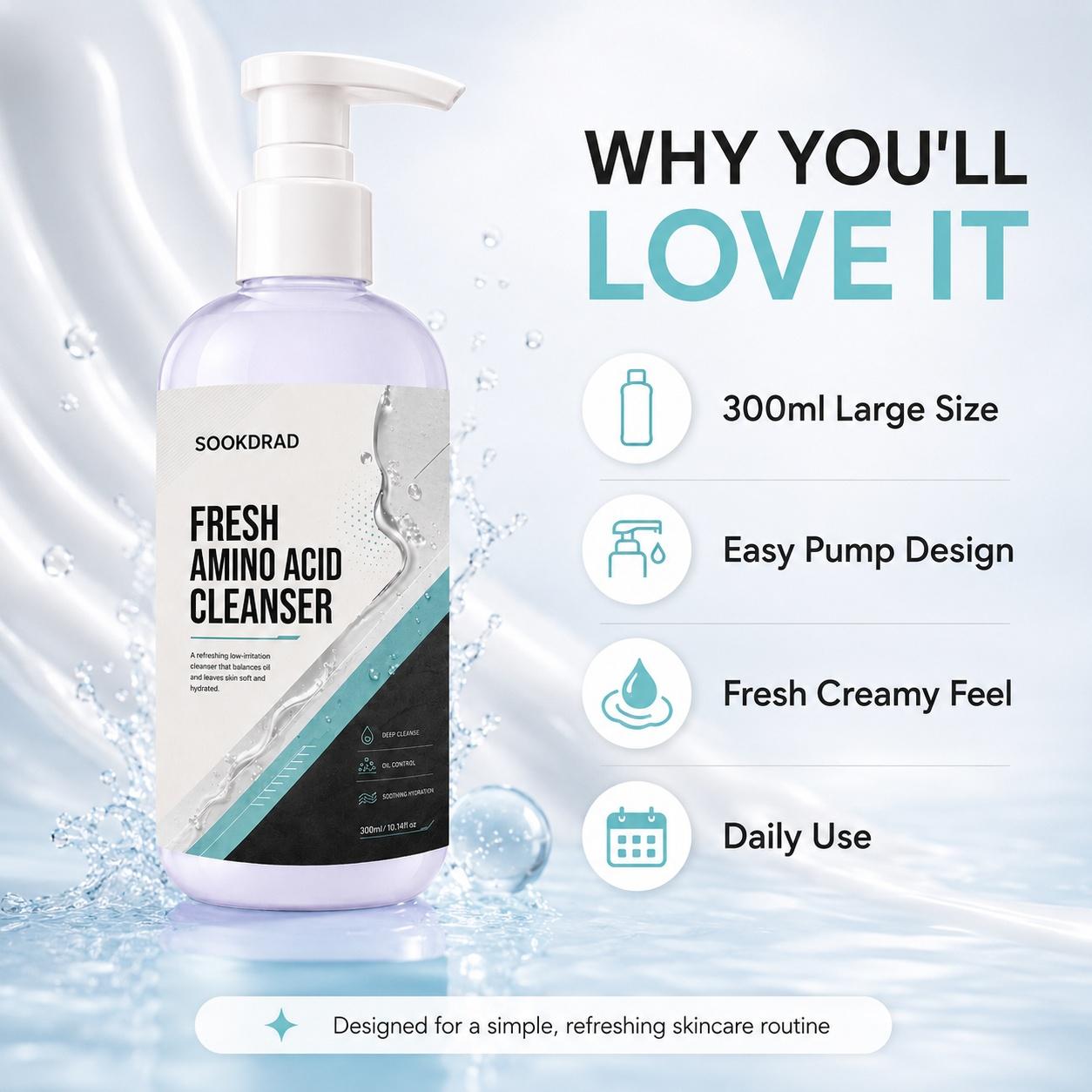 Fresh Amino Acid Cleanser, amino acid, deep cleanse, oil control, soothing hydration, low irritation, oil balancing, soft skin, hydrated skin, facial cleanser, all skin types, 300ml/10.14fl.oz