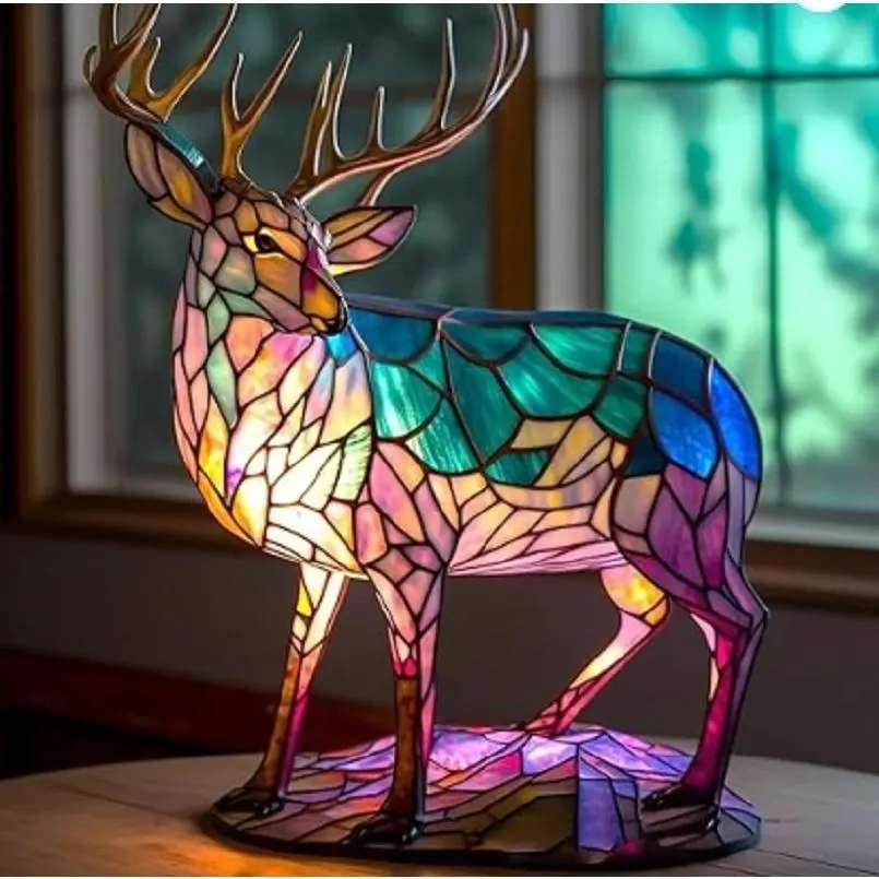2026 new Animal Table Light Resin Stained Glass Night Light Owl Lion Wolf Cat Elephant Table Lamp For Living Room Bedroom Home Decoration