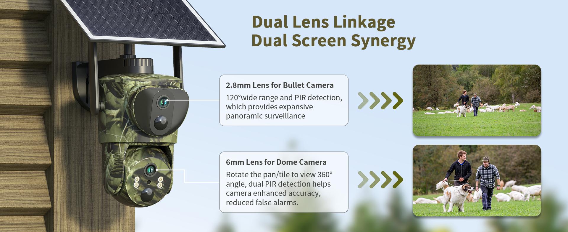 Dual Lens Linkage 4G LTE Cellular Trail Cameras DC24S-Solar Powered Surveillance, 360° Pan Tilt,2K Live View, No WiFi, Cellular Data Replenishment Required
