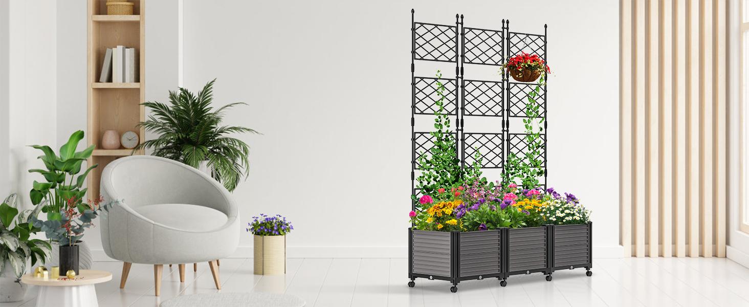 MOPHOTO Raised Garden Bed with Trellis & Wheels, Planter Box Privacy Screen Free-Standing Trellis for Vine Climbing Plants Flowers in Garden Patio Balcony