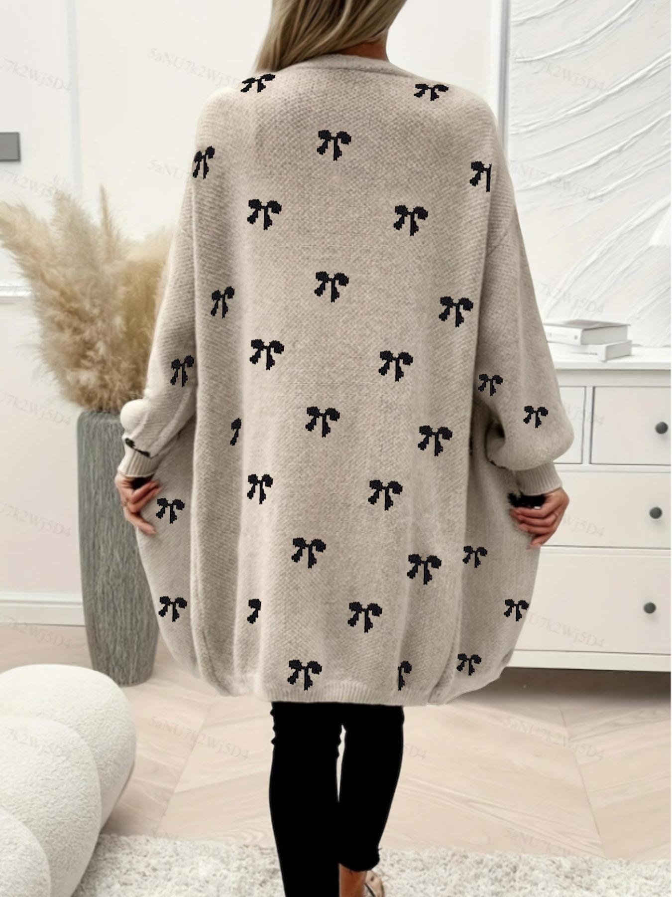 Women's Plus Size Loose Fit Cute Bowknot Casual Cardigan, Perfect for Autumn & Winter
