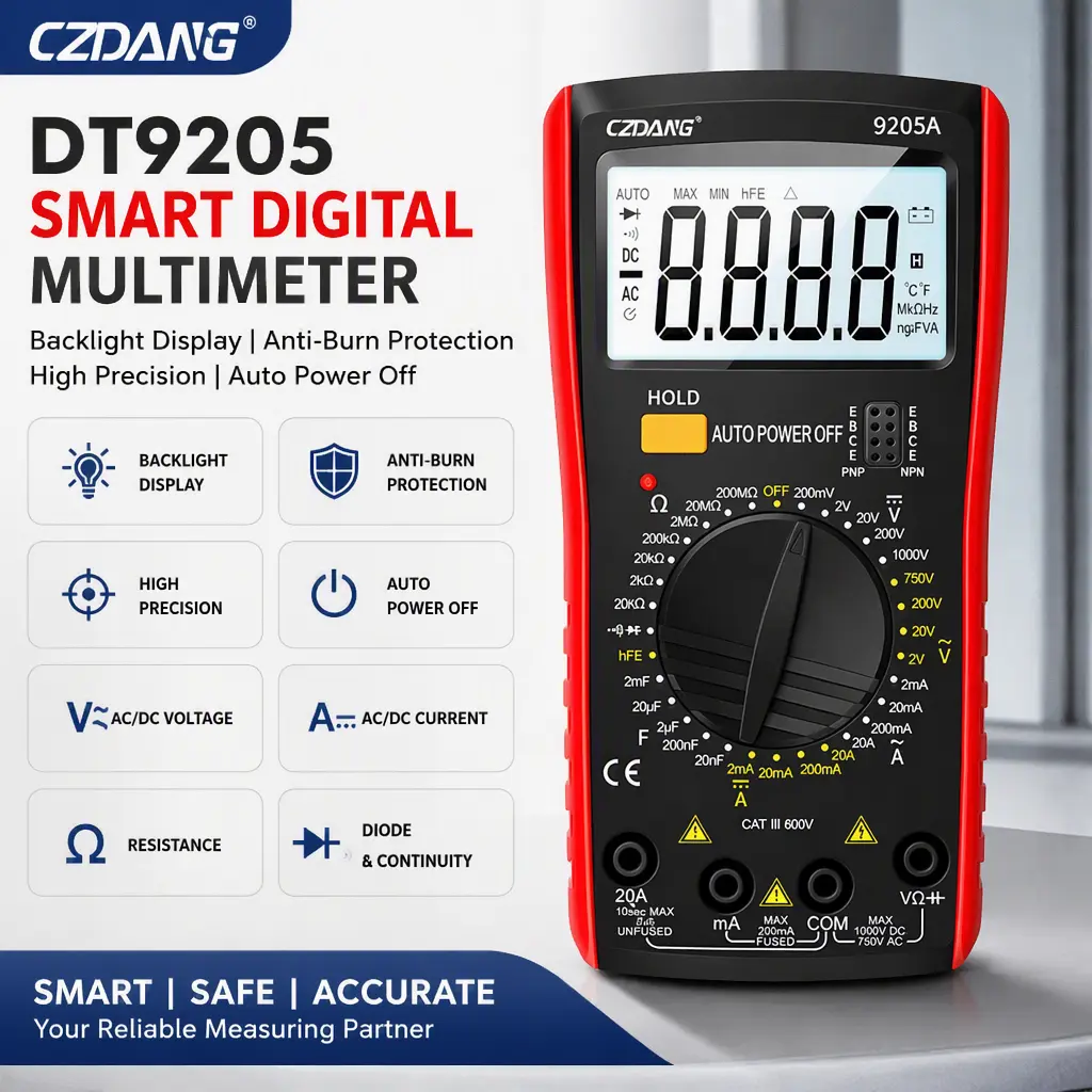 Anti-burn Digital Multimeter with Backlight Screen, Portable Electrical Meter, DT9205A Multimeter for Home & Workshop Use