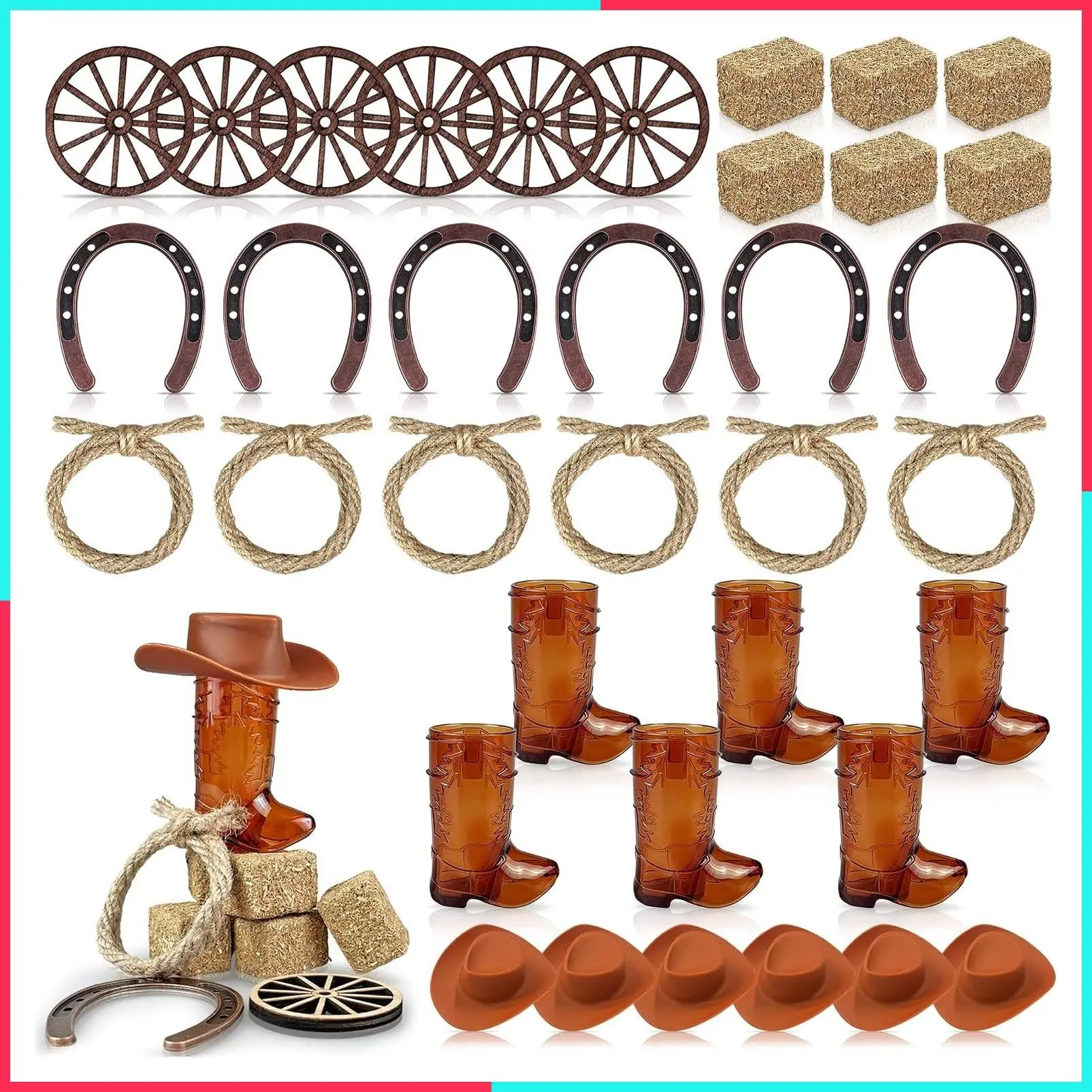 42PCS Western Centerpieces Mini Horseshoe Cowboy Boots Brown and Hat Wheels Hay Bags and Hemp Ropes Gifts Western Party Decorations for Craft Birthdays Weddings and Cowboy parties