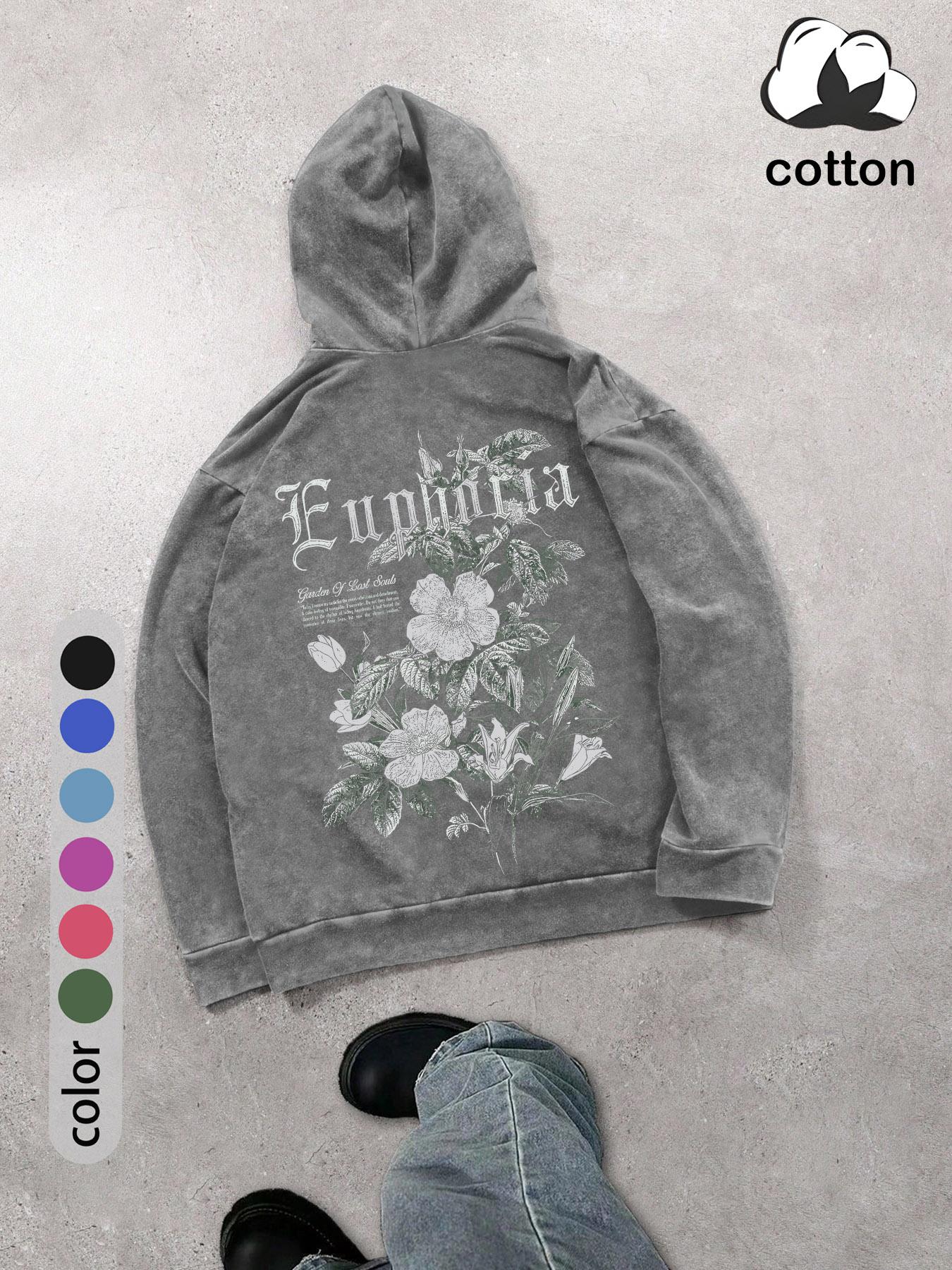 Men's Floral Print Graphic Hoodie, Regular Fit Casual Vintage Fashion Vibe Long Sleeve Hooded Sweatshirt for Daily Holiday Outdoor Wear, Men Clothes for Spring & Fall, Tops