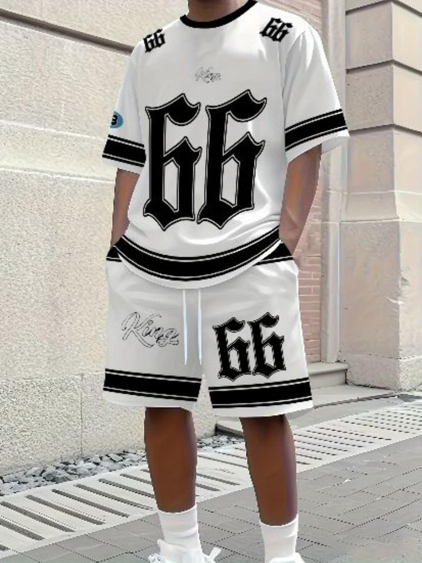 Summer Adult Men's T-Shirt and Shorts Set, Striped Patchwork 66 Number Sports Digital Print, Casual Daily Wear, 2-Piece