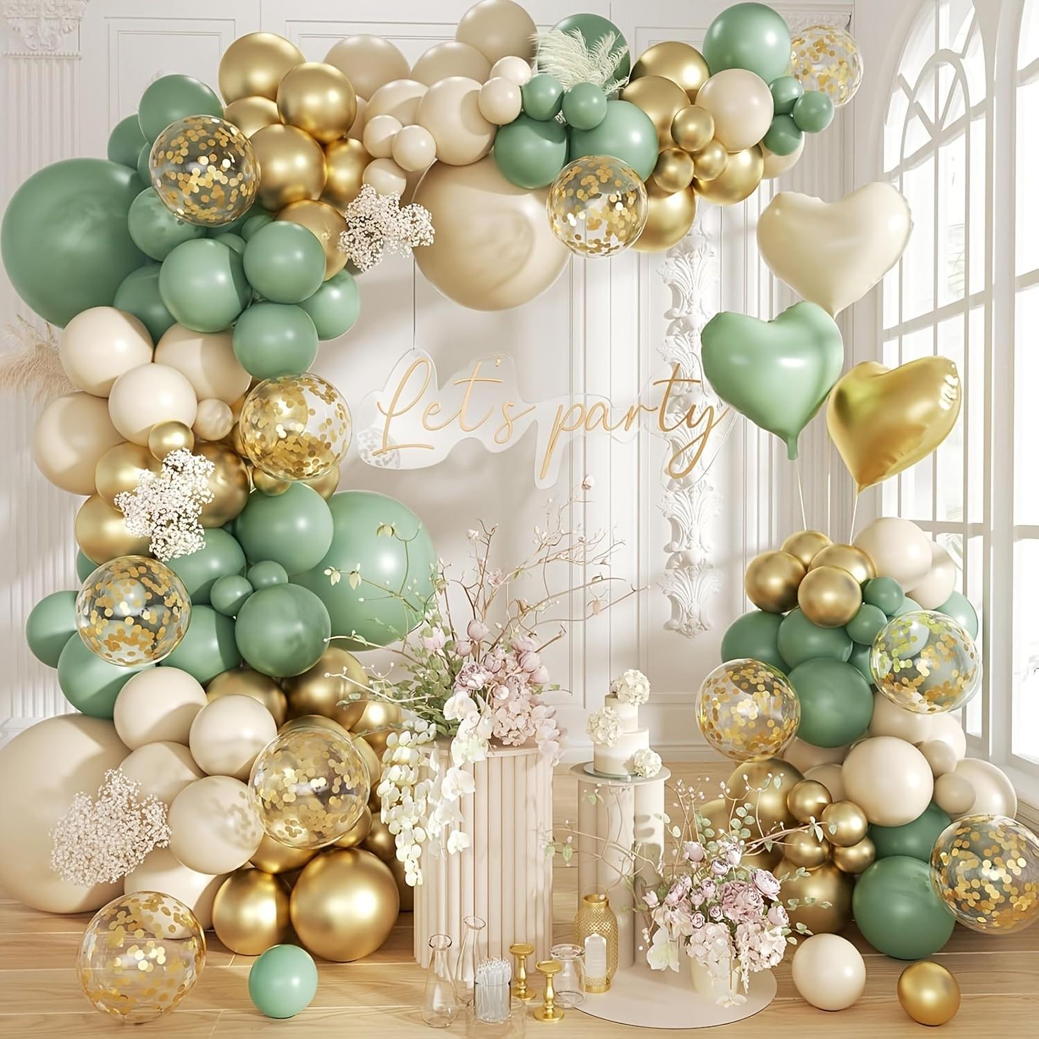 50 gold, white, and gray green balloon arch kits, gold confetti balloons, suitable for weddings, birthdays, parties, and engagement parties, gender revealing, bachelor parties, date nights, garden decorations