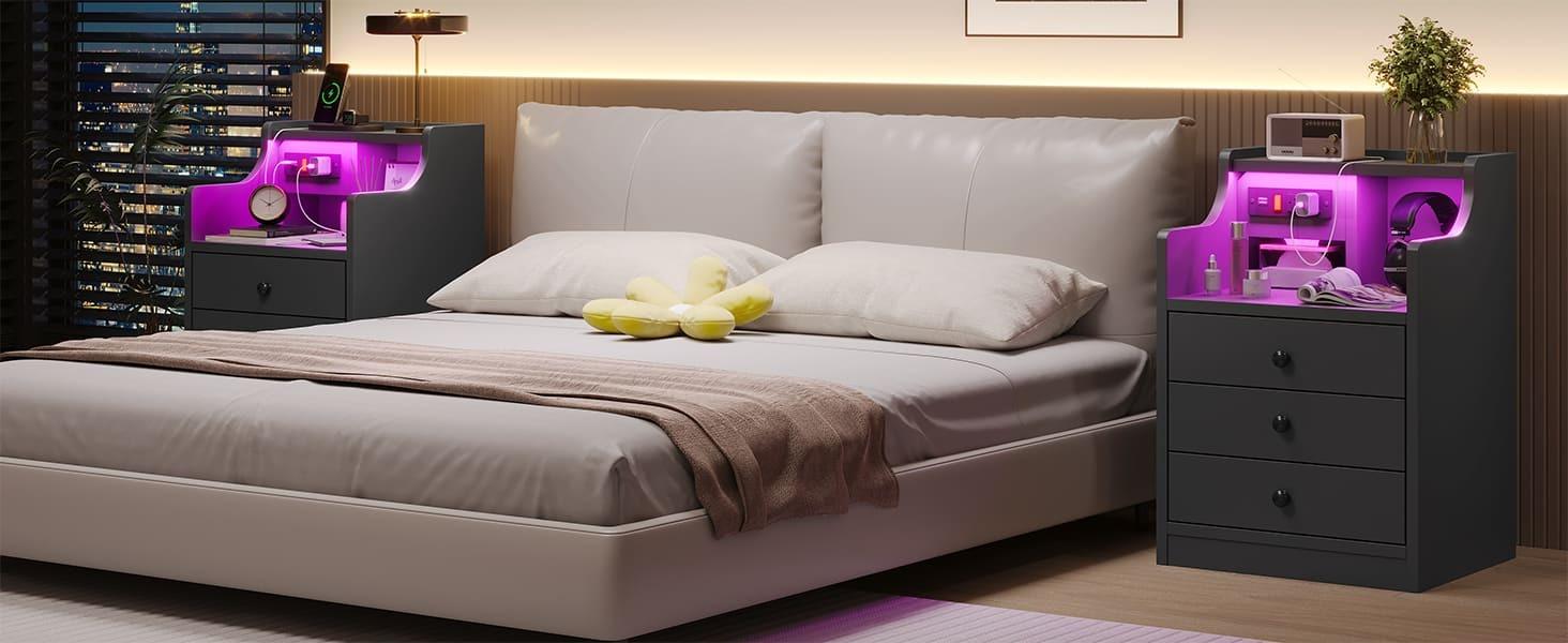 Sikaic Nightstand with Charging Station and LED Lights, Night Stand with Hutch, Bedside Table with Drawers for Bedroom Vanity Desk Design Vanity Desk