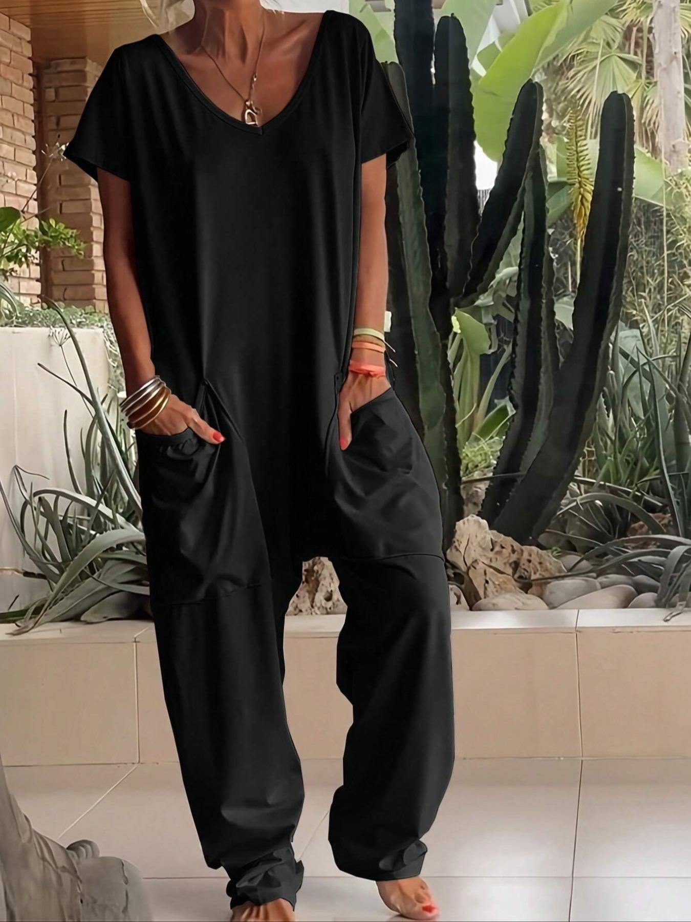 2026 Women's Casual Organic Material Wide-Leg Jumpsuit, Loose Batwing Short-Sleeve V-Neck Harem Jumpsuit, Perfect for All Seasons, Stylish & Comfortable Clothes