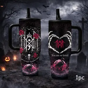 1 Pc 40oz Insulated Mug Double Wall Vacuum Cup Flasks With Handle And Lid, Leak Proof Thermal Mug For Hot Cold Drinks, Keeps Hot 12 Hours Cold 24 Hours, Gothic Skeleton Hands Heart Design Tumbler, Dark Rose Flamingo Style Travel Mug, Spring Sale Gift