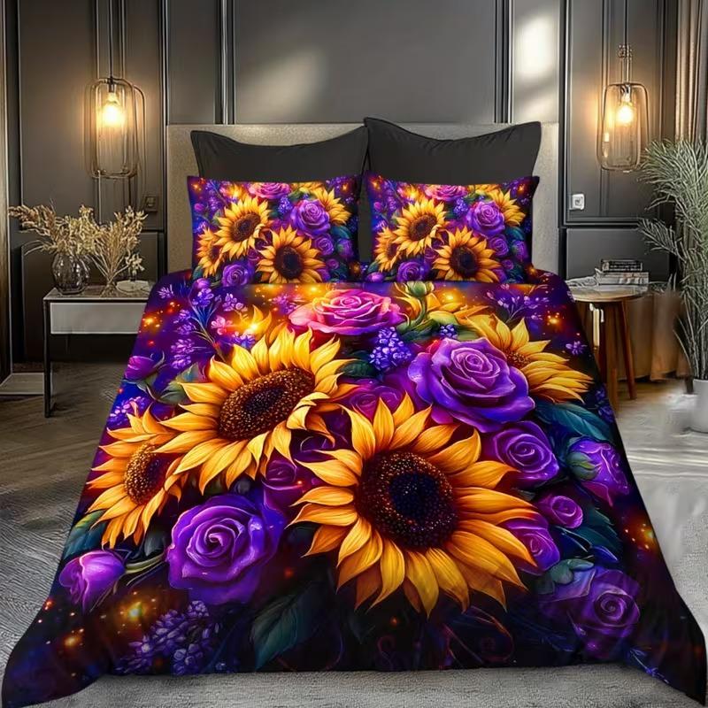 3pcs Bedding Set Sunflower Design, Decorative Bedding Set, Soft Bedding Sets, Soft Polyester Flannel Printed Duvet Cover Set, Suitable for Bedroom Hotel Valentine's Gift
