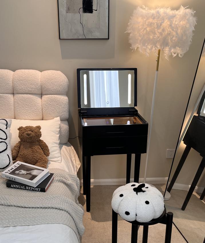 【HOT】Small Space Vanity Desk, 100% Solid Wood Makeup Table, Flip-Top Mirror with Lights, Space-Saving Makeup Table with Drawers, Adjustable Brightness, Elegant & Functional Vanity, Narrow Space Available