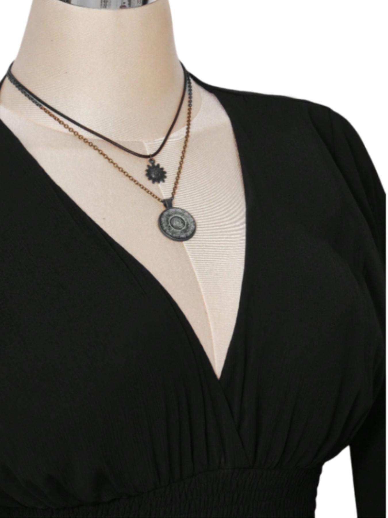 Women's Gothic Style V Neck Waist Cinched Fitted Dress, Elegant Long Sleeve Mini Dress, Autumn/winter Lantern Sleeve Dress