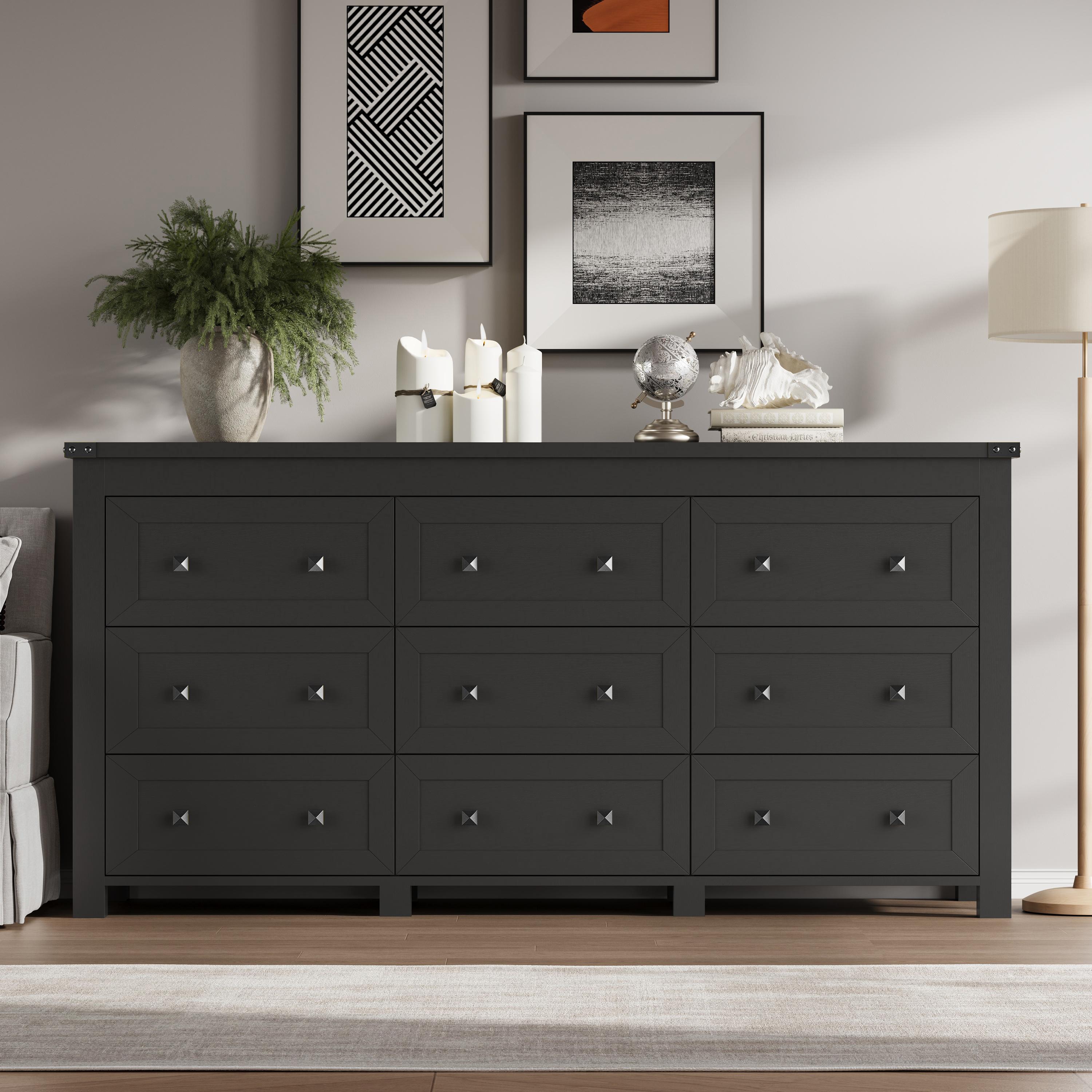 Dresser for Bedroom with 9 Drawers, Farmhouse Wood Chest of Drawers, Wide TV Stand Closet Storage Furniture with Metal Handle, Modern Clothes Organizer for Hallway, Living Room, Entryway, White Dresser for Bedroom with 9 Drawers, Farmhouse Wood Chest of Drawers, Wide TV Stand Closet Storage Furniture with Metal Handle, Modern Clothes Organizer for Hallway, Living Room, Entryway, White