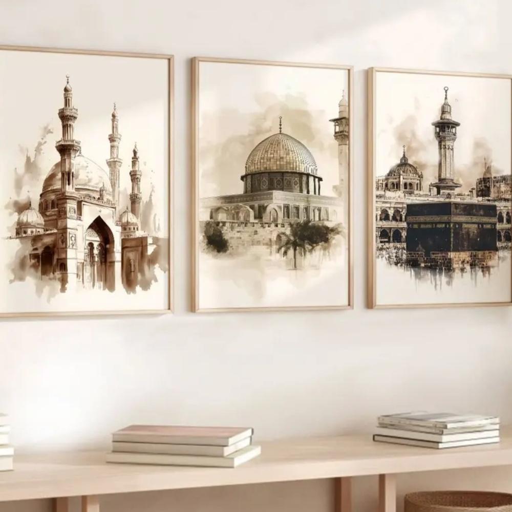 3pcs Frameless Muslim Jerusalem Mecca Medina Mosque Wall Art Print Canvas Poster, Living Room Decoration, Watercolor Painting