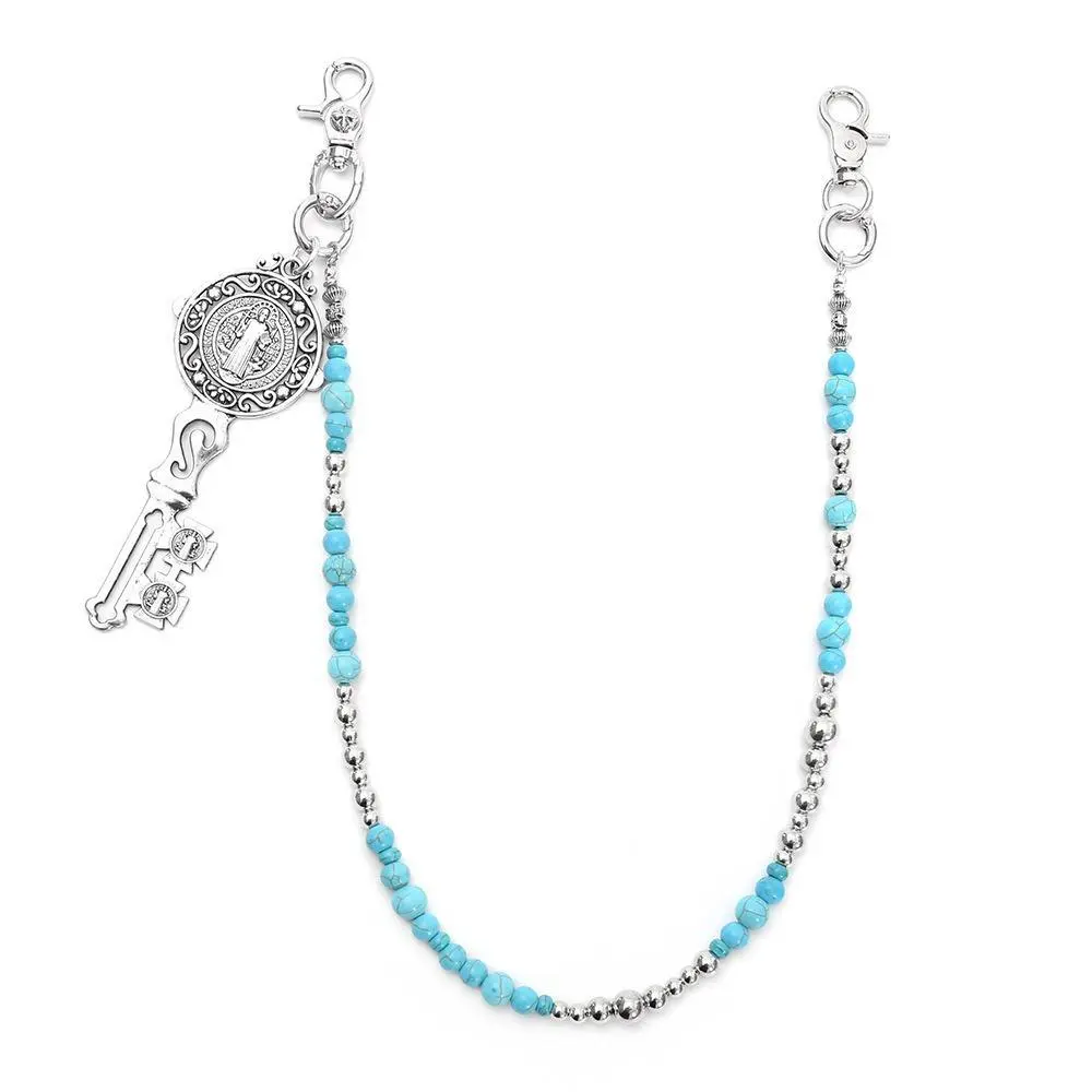Unisex Turquoise Bead Bag Charm Waist Chain - Silver Clip-On Double Clasp, Vintage Medallion Key Charm for Denim Shorts, Western Boho Festival Outfits, Festival Wear, Cowgirl Outfits, Anti-Tarnish, Double Clips, Cowgirl Aesthetic, Tool-Free Clip