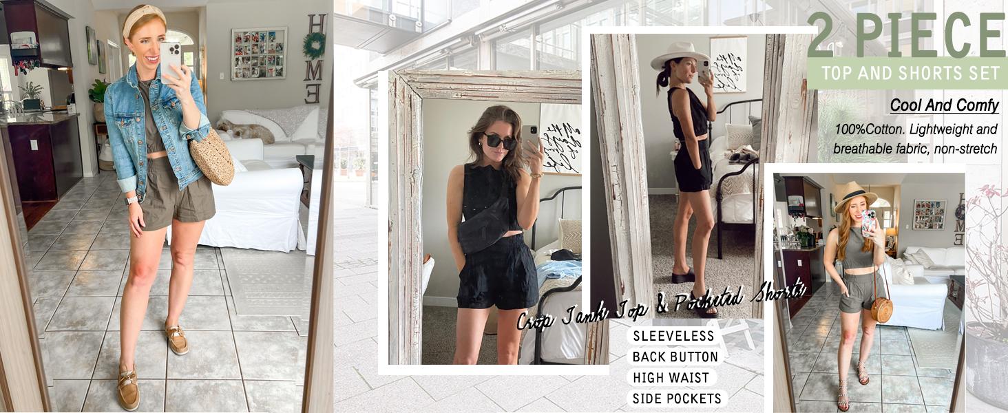 FISOEW Women's 2pcs Summer Outfits Sleeveless Crop Tank Top and High Waist Pocketed Shorts Loose 2 Piece Short Sets Clothes Suit 2 piece sets women Casual Womenswear Shirts Vest Cropped Breathable Chic Birthday Comfy Lightweight Solid Trend Elastic