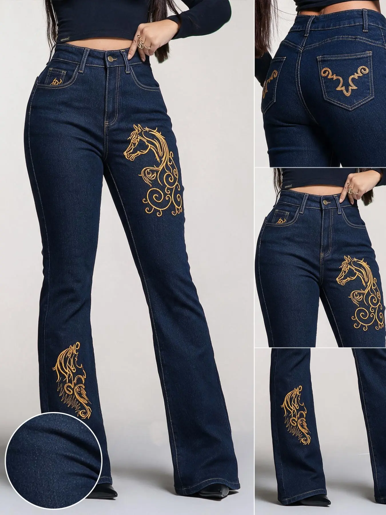 Women's High Waist Flare Jeans, Vintage Western Horse Embroidery, Casual Ankle-Length Denim Jeans, Button Fly, Natural Waist, All Seasons