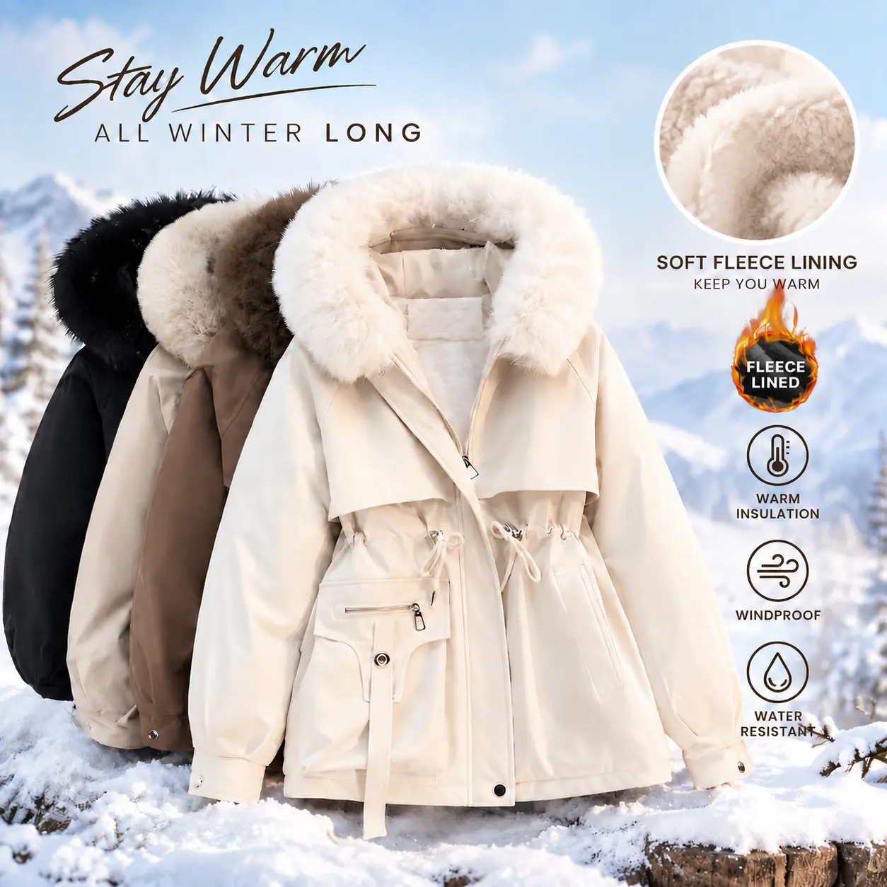 Yodutry Women's Warm Thick Winter Parka Coat, Extreme Cold Thermal Fleece Lined Jacket, Cozy Plush Fur Trimmed Hooded Outerwear with Adjustable Cinched Drawstring Waist for Snow Weather