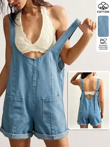 Light Wash High Waist Patch Pocket Sleeveless Rolled Hem Denim Short Overalls