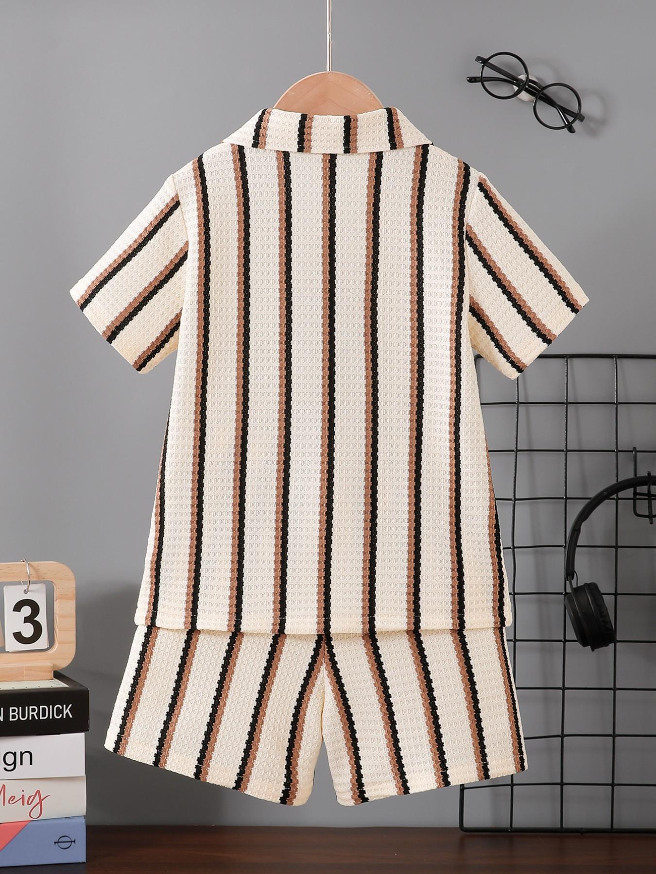 Boys' Summer New Set, Fashion Striped Button Shirt with Lightweight Breathable Shorts, Casual Loose-Fit Suit, Perfect Gift Option