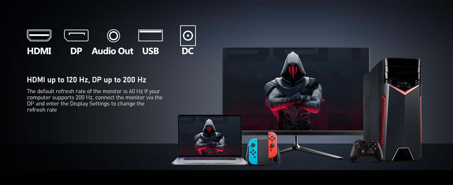 24.5 Inch IPS PC 200Hz Gaming Monitor, FHD 1080p Screen, 1ms Without Bezel, freesync,  178 ° Angle View, 99% sRGB,HDMI、DisplayPort, Compatible with Wall mounting 75 * 75MM - Black