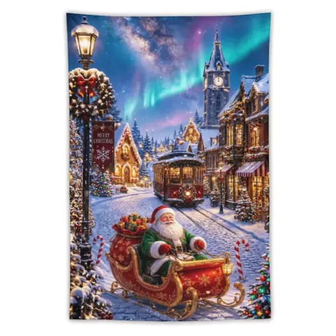Christmas Tapestry Wall Hanging, Magical Northern Lights Winter Village Background Cloth, Vintage Santa Claus  Photo Backdrop for Home Holiday Party Room Decor