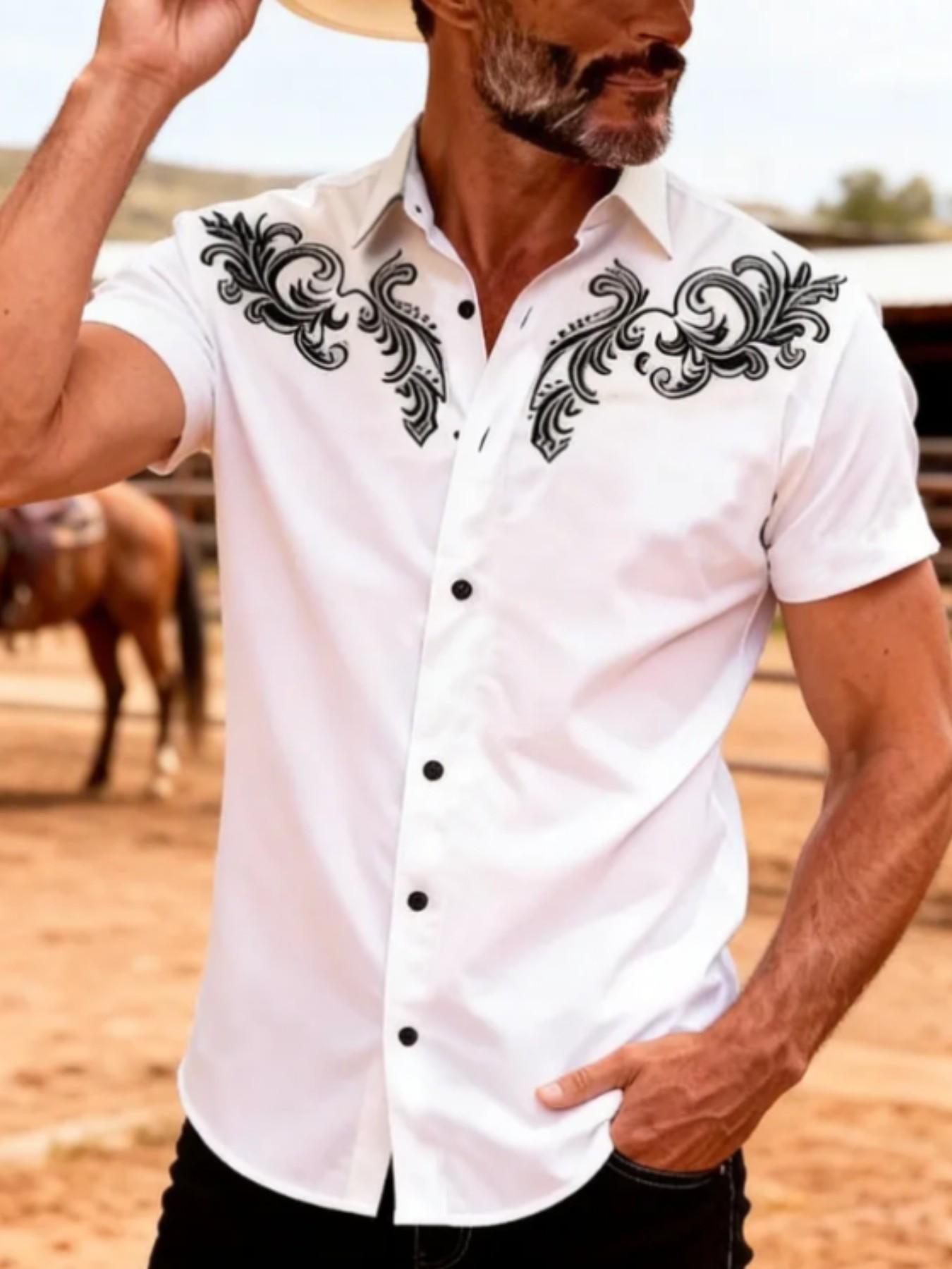 Men's Western Cowboy Style Print Short Sleeve Shirt, Vintage Scroll Pattern Notch Lapel Open Front, American Casual Riding Vacation Commute Top