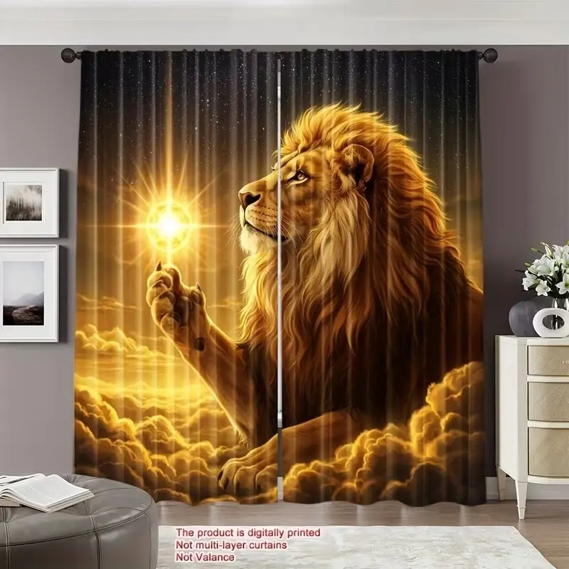 2 Piece Lion Print Curtains, Room Decor Curtain, Home Decoration Curtain, Fashionable Rod Pocket Window Drapes for Bedroom and Living Room, Comfortable Atmosphere, Easy Installation
